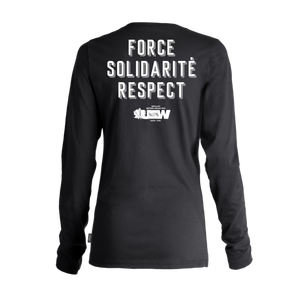 Chandail femme à manches longues de couleur noire poing "Force, Solidarité, Respect"
